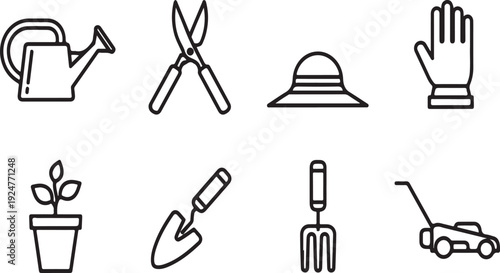A collection of gardening tools and equipment for plant care and maintenance. Vector