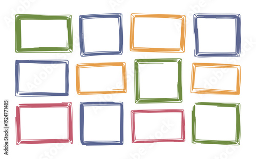 A collection of 12 colorful blank photo frames on a white background on transparent background