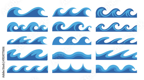 Collection of stylized deep blue ocean wave vector graphics illustrating various sea crests and water borders for design projects.
