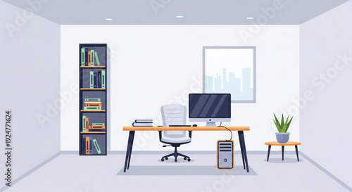 Modern home office setup with desk chair computer bookshelf and potted plant in minimalist white room