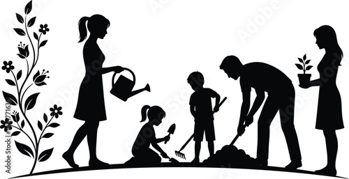Family gardening silhouette scene showing parents and children planting, watering plants and cultivating garden together promoting outdoor lifestyle and sustainability
