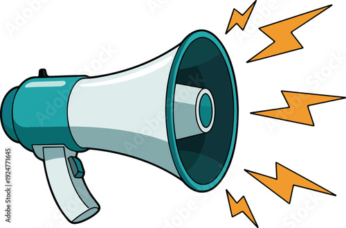A cartoon illustration of a turquoise and white megaphone with a black speaker cone.