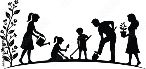Family gardening silhouette illustration showing parents and children planting, watering plants and working together in outdoor garden lifestyle activity