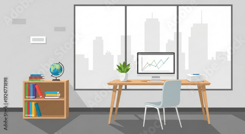 Modern office workspace with desk chair computer bookshelf and city view