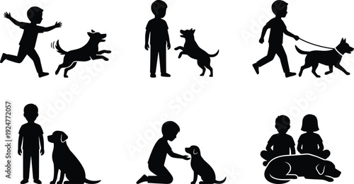Children playing with dogs silhouette collection showing kids running, walking, training and bonding with pets isolated on white background illustration