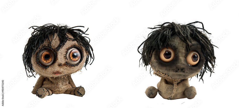 Fototapeta premium Creepy Burlap Dolls with Large Eyes - Halloween or Horror Characters isolated on transparent background