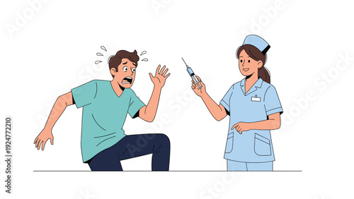 Scared patient reacts with fear as a smiling nurse prepares an injection with a medical syringe in a clean cartoon illustration.
