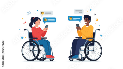 Man and woman in wheelchairs interact using their mobile phones while social media chat bubbles with emojis float above them.