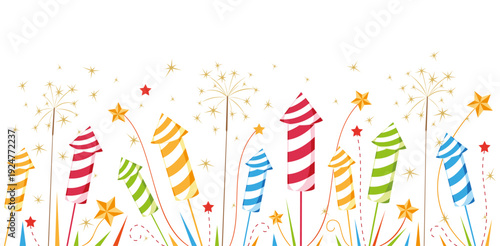 Fireworks border. Vector seamless horizontal border for celebration decor