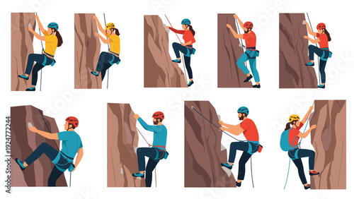 Collection of active rock climbers demonstrates various climbing techniques and equipment on rugged stone mountain walls.