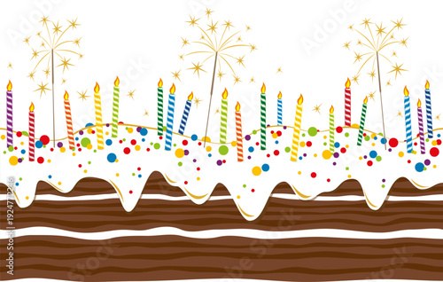 Birthday cake with candles and firework sparklers. Vector seamless horizontal border.