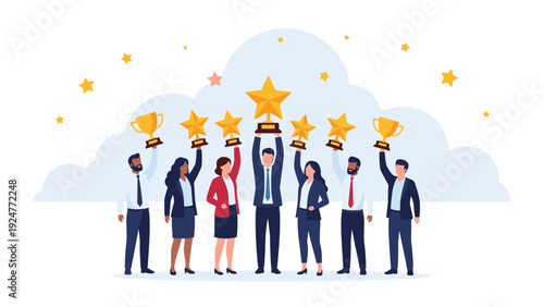 Diverse team of successful business professionals celebrates their achievement by holding up gold star trophies and awards.