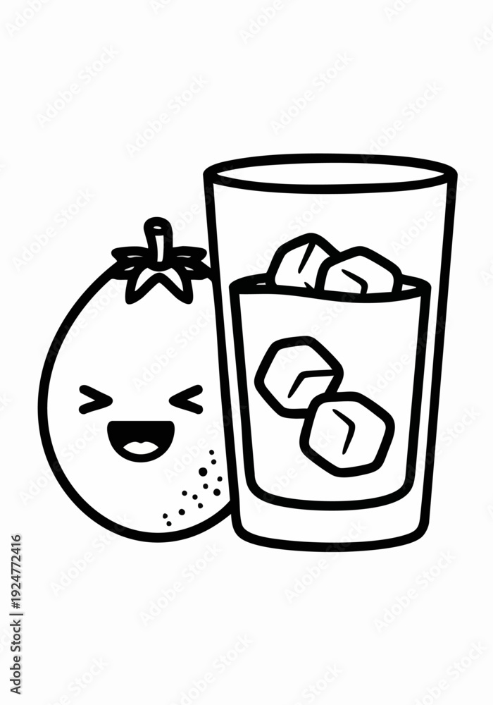 Obraz premium Orange fruit with a happy face and a glass of refreshing iced drink.