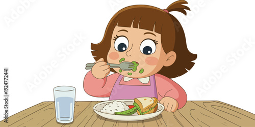 A cartoon illustration of a young girl eating at a wooden table.