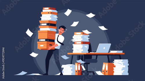 Overworked office employee struggles to carry an impossibly tall stack of folders and papers while flying documents surround him.