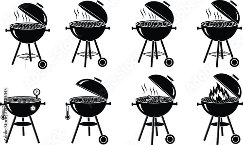 Charcoal barbecue grill silhouettes collection with open lid smoke fire and thermometer vector illustration set for cooking design