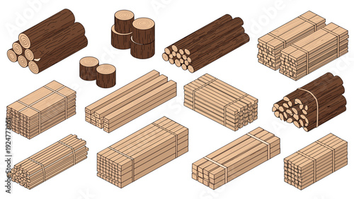 Comprehensive set of isometric wood logs and stacked lumber displays various cuts of timber for construction and fuel.