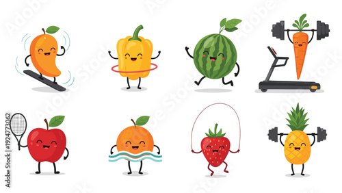 Healthy fruits and vegetables like mango, apple, and carrot engage in different sports activities to promote a fit lifestyle.