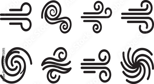 Diverse collection of abstract wind and whirlwind symbols in black and white Vector