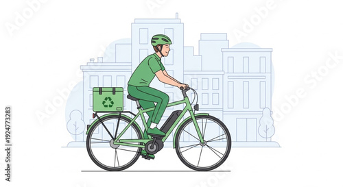 Green Bike Messenger Delivering Recyclable Package in Smart City – Sustainable Last Mile Delivery Concept Vector