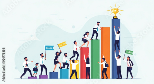 Business people climbing colorful bar graph to reach light bulb goal symbolizing success and teamwork in a modern office setting with a motivational atmosphere