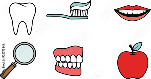 Cute dental care icons set with tooth toothbrush smile magnifier dentures apple flat vector illustration isolated on white background collection
