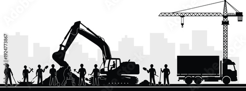 Construction site silhouette illustration with workers excavator crane and truck against city skyline black and white vector design