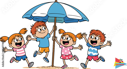 A cartoon illustration of four children jumping and playing under a blue and white striped beach umbrella