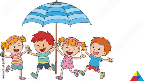 A cartoon illustration of four children jumping and playing under a blue and white striped beach umbrella