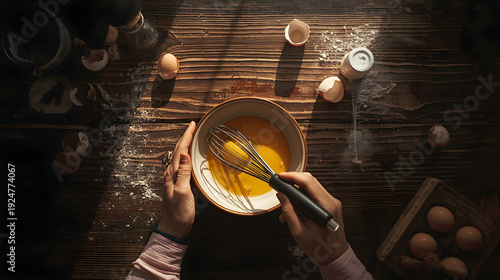A person mixing eggs and ingredients in a bowl on a wooden table, viewed from above