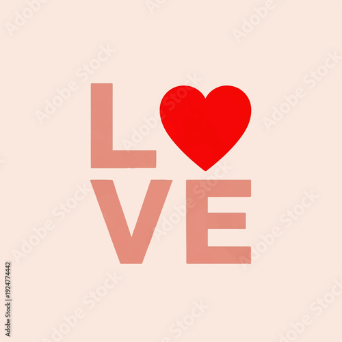 Bold 'LOVE' text with a vibrant red heart symbol at the center, set against a soft, pale pink background. Romantic and expressive graphic design