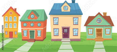 A cartoon illustration of four colorful houses arranged in a row on a green grassy lawn.
