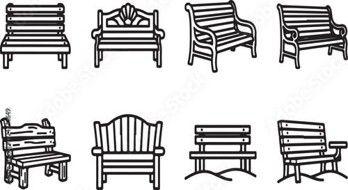 A diverse collection of eight unique park benches showcasing various designs and styles Vector