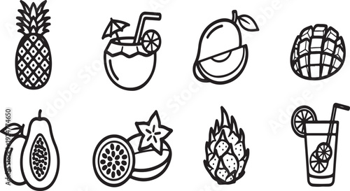 Assorted tropical fruits and beverages illustrated in a playful manner Vector