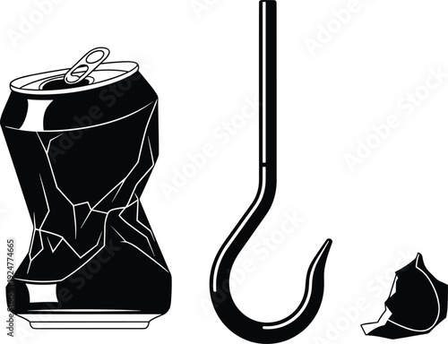 Environmental pollution concept vector illustration, crushed aluminum can fish hook and plastic waste silhouette, ocean contamination and recycling awareness design