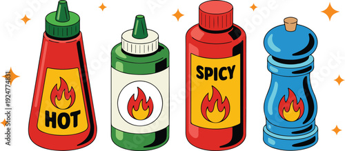 A cartoon illustration of four condiment bottles arranged in a row against a white background with orange star sparkles.