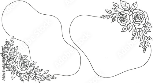 Elegant black and white line art design featuring two fluid abstract frames adorned with delicate rose floral corner embellishments