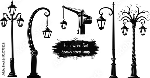 Halloween spooky street lamp vector set, vintage gothic lantern posts and decorative iron light poles, black silhouette illustration collection