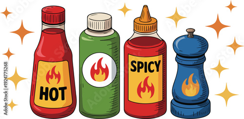 A cartoon illustration of four condiment bottles arranged in a row against a white background with orange star sparkles.