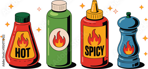 A cartoon illustration of four condiment bottles arranged in a row against a white background with orange star sparkles.