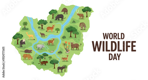Vector illustration of World Wildlife Day 2026 with animals and map, promoting biodiversity preservation and endangered species awareness on a 3D isometric style.