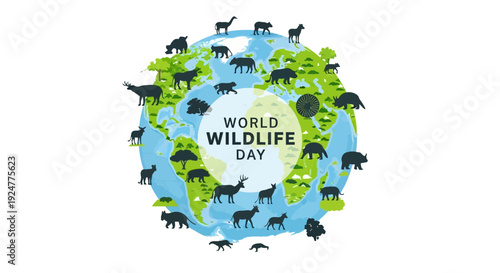 Vector illustration celebrating World Wildlife Day with animals around the globe for endangered species awareness and biodiversity preservation.