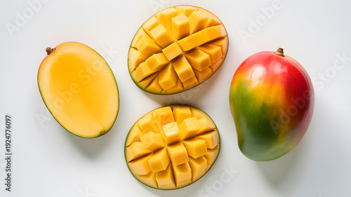 A vibrant display of fresh mangoes on a clean white background