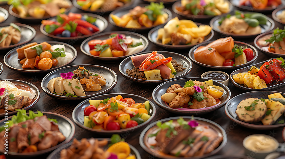 Fototapeta premium an array of small plates filled with colorful food items, including garnishes and sauces, created with generative ai