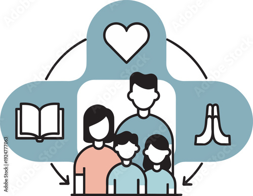 Happy family together with symbols of faith prayer heart and open holy bible book for spiritual life.