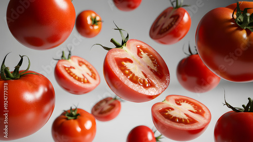 Fresh tomatoes and tomato slices floating in mid-air against a plain background