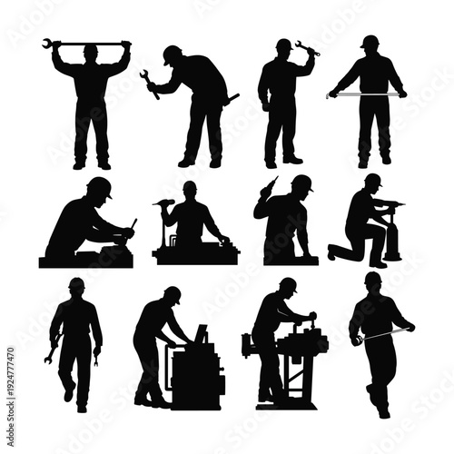 Silhouettes of workers with tools in various industrial actions