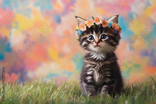 An adorable kitten wearing a flower crown sits gracefully in a field of grass, surrounded by a colorful floral background, embodying cuteness and naturea??s charm.