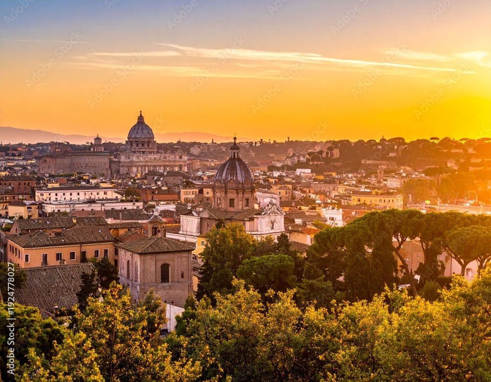 Fototapeta premium Panoramic View of Rome at Sunset - A Golden Hour Spectacle.