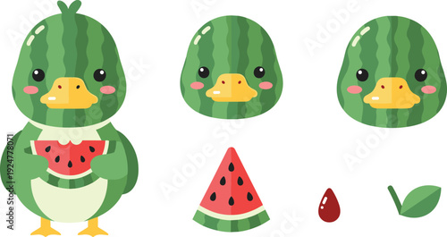 Cute Watermelon Duck Character Vector Set with Duckling Holding Fruit Slice and Seed Icons Isolated on White Background
